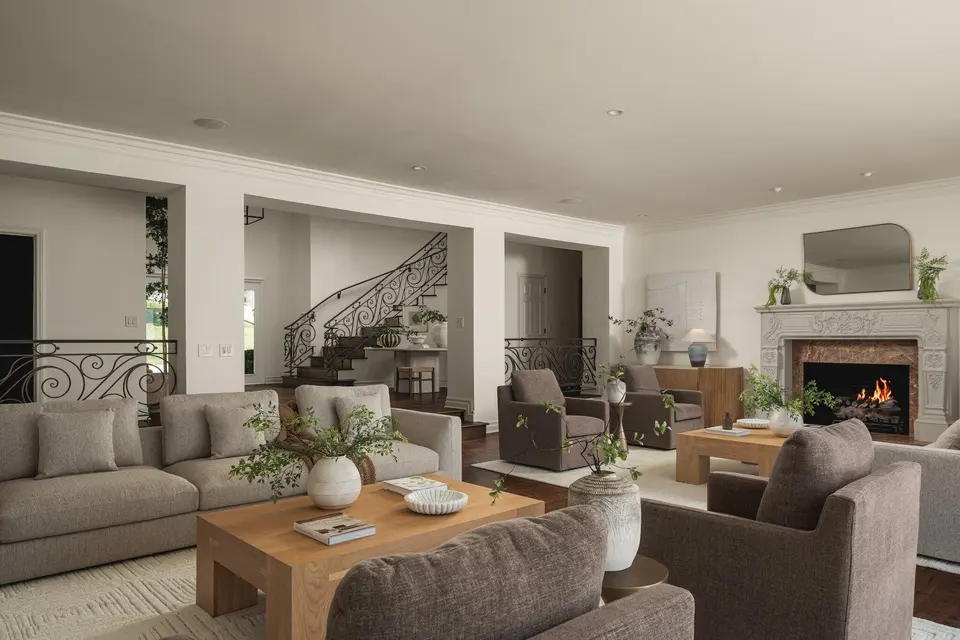 The living room and fireplace