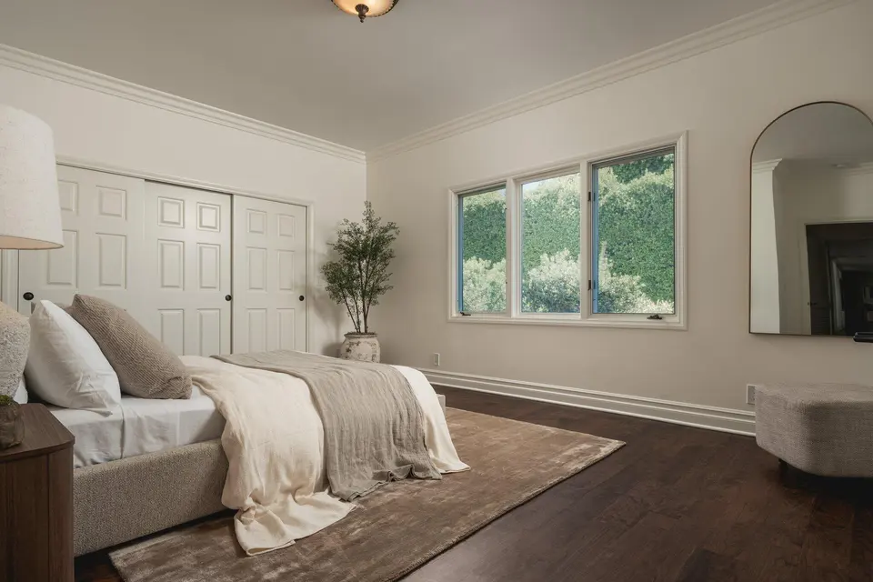 A garden-facing bedroom